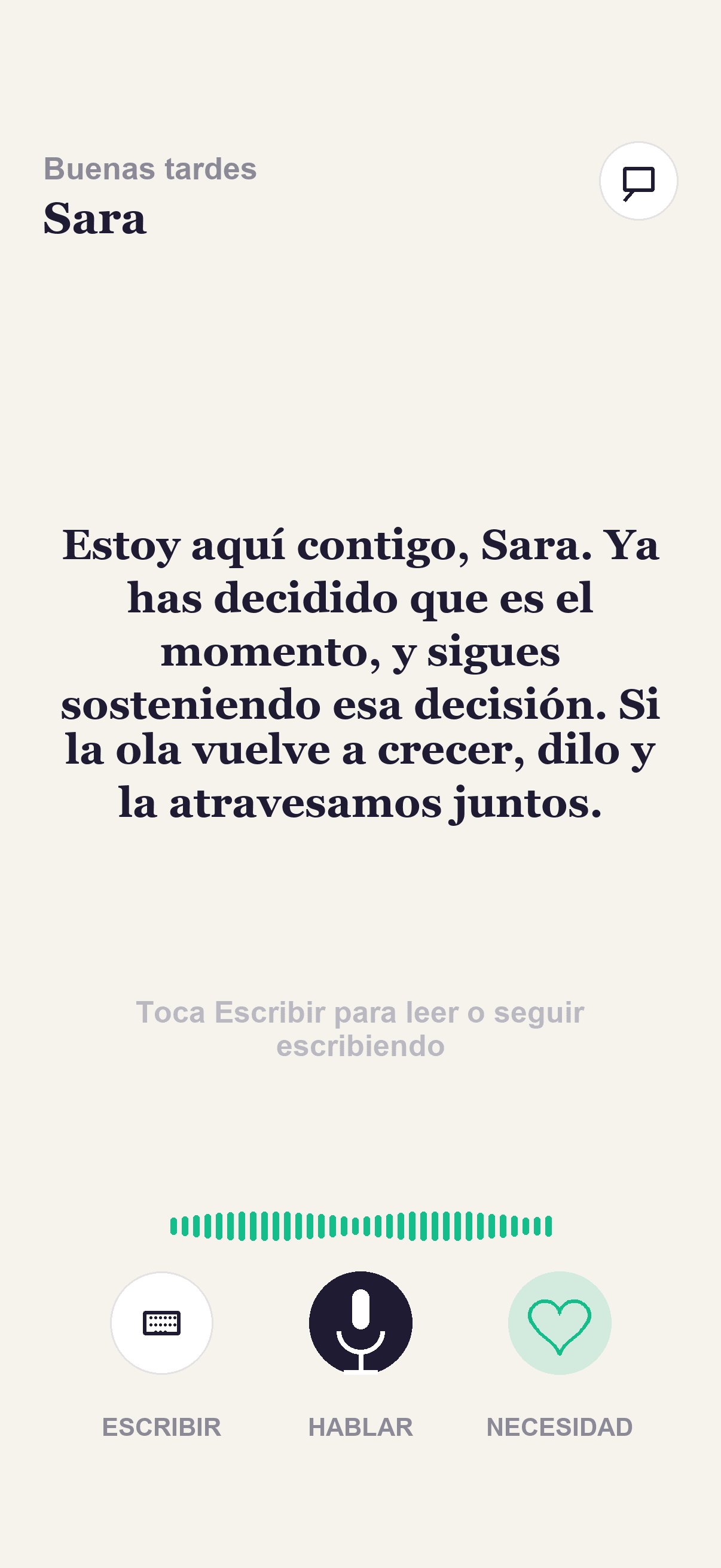 Pantalla de voz de Kaivo con una respuesta de apoyo
