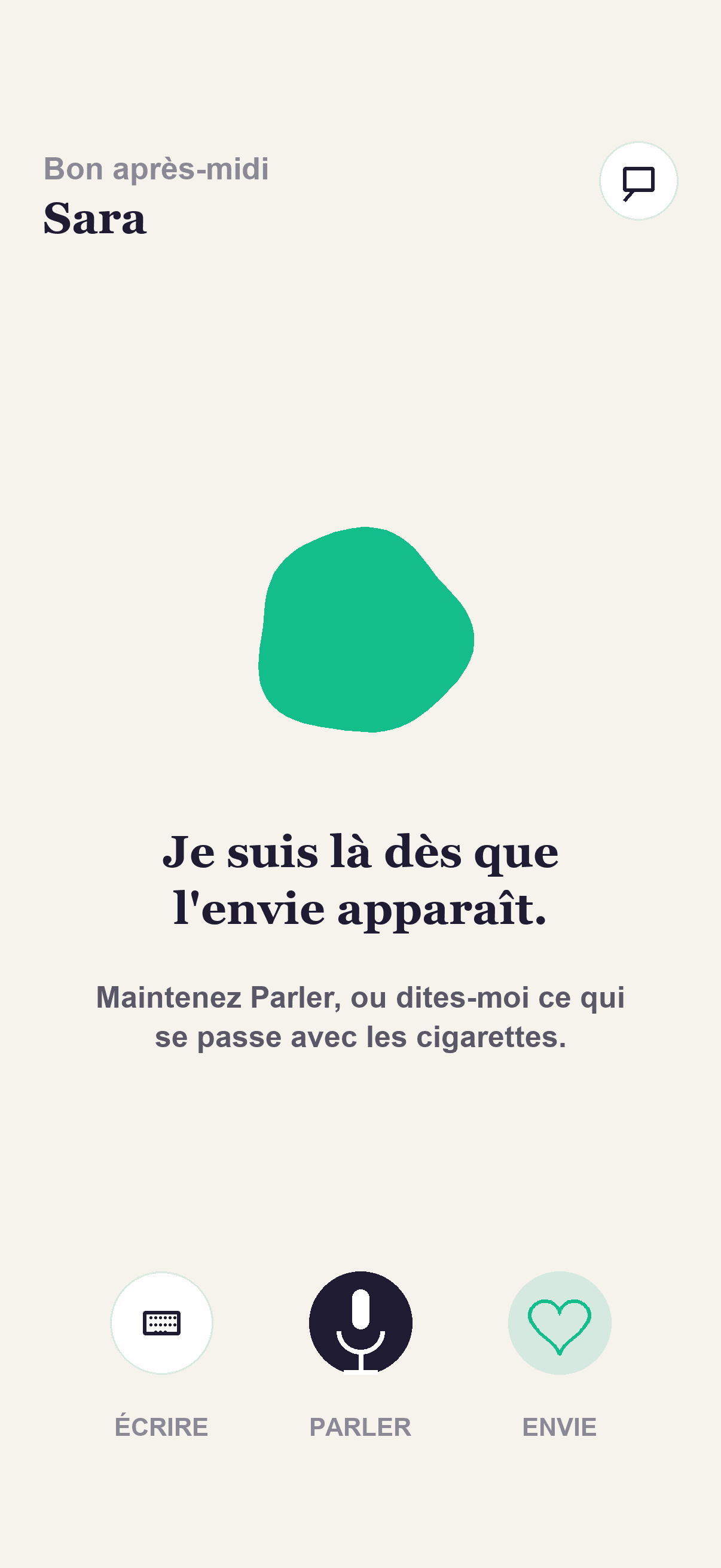 Écran d’accueil Kaivo avec un message de soutien quand une envie apparaît