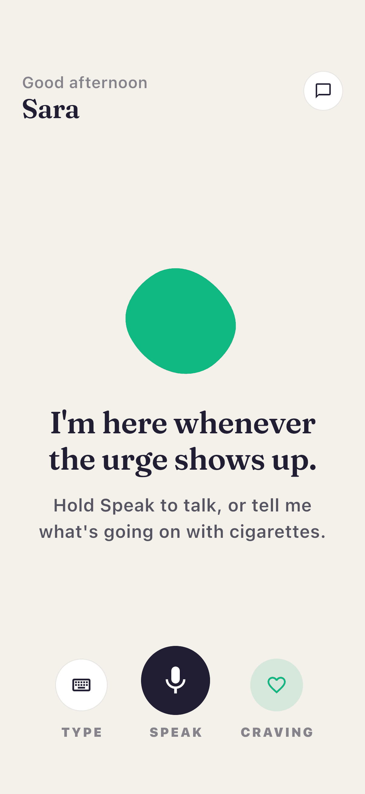 Kaivo home screen with the message I'm here whenever the urge shows up