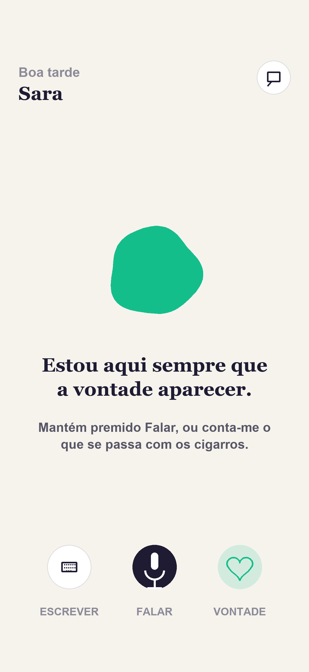 Ecrã inicial da Kaivo com uma mensagem de apoio para quando surge a vontade