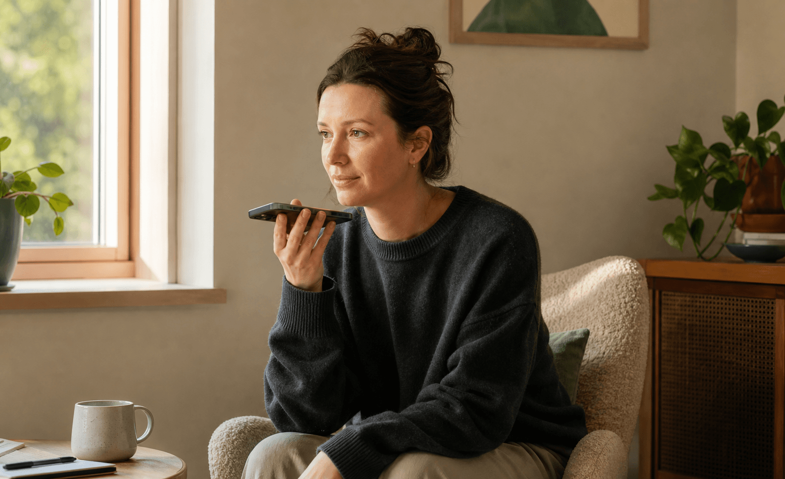 Person quietly speaking into their phone in a warm room